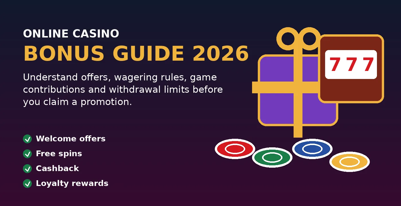 Original casino bonus guide illustration with a gift, slot machine and casino chips