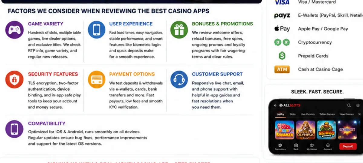 Original infographic showing mobile casino app review factors