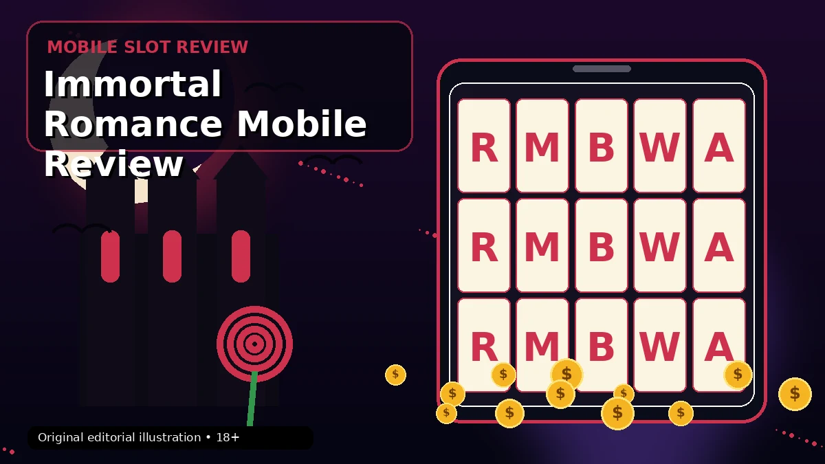 Immortal Romance-inspired mobile slot illustration with a gothic castle, moon, roses and reels