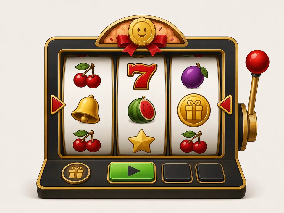Original free-play slot illustration with gift symbols and a green play button