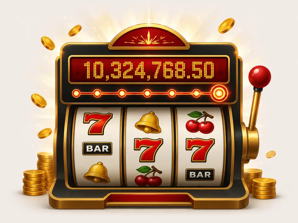 Original progressive jackpot slot illustration with growing prize display and coins