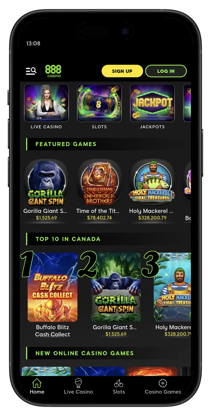 888 Casino Canada mobile home lobby screenshot showing featured games and navigation
