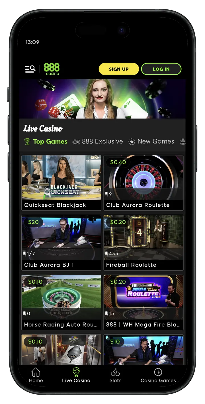 888 Casino mobile live dealer lobby screenshot with blackjack and roulette tables