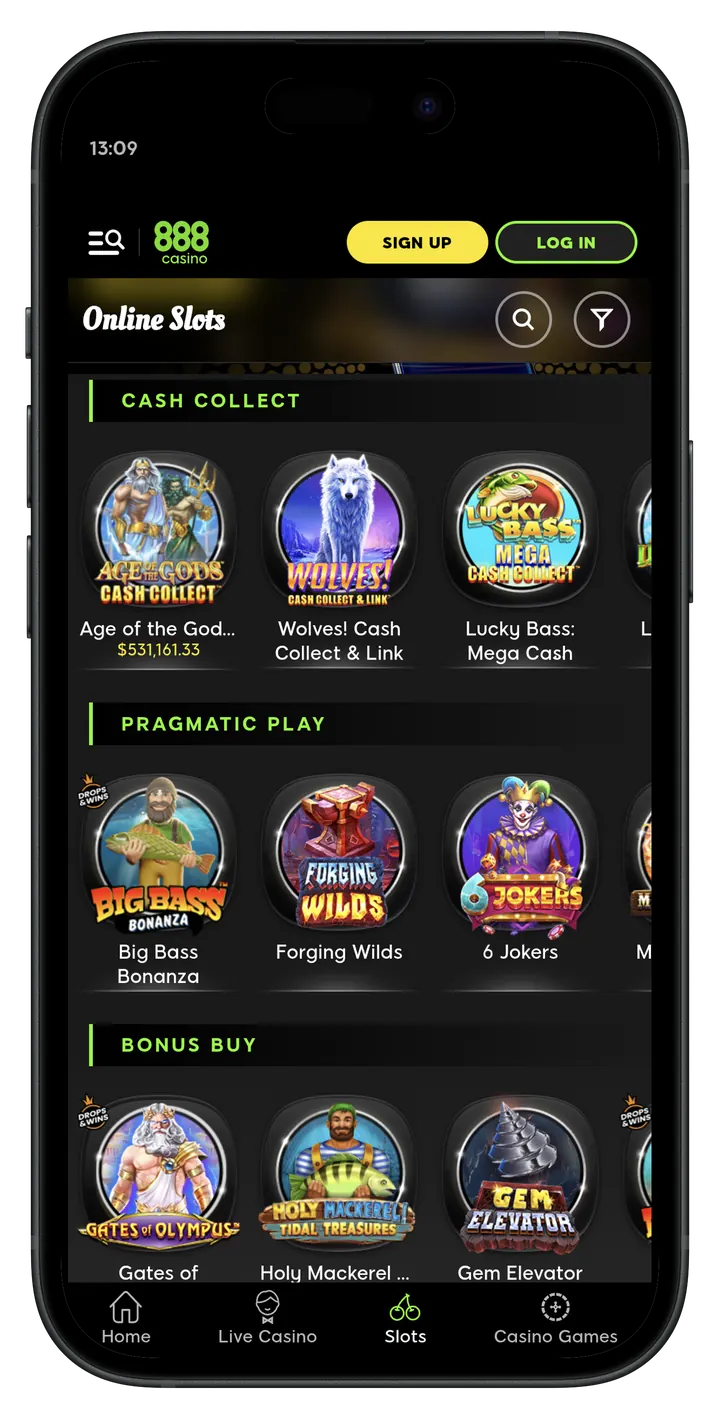 888 Casino mobile slots lobby screenshot with provider and feature categories