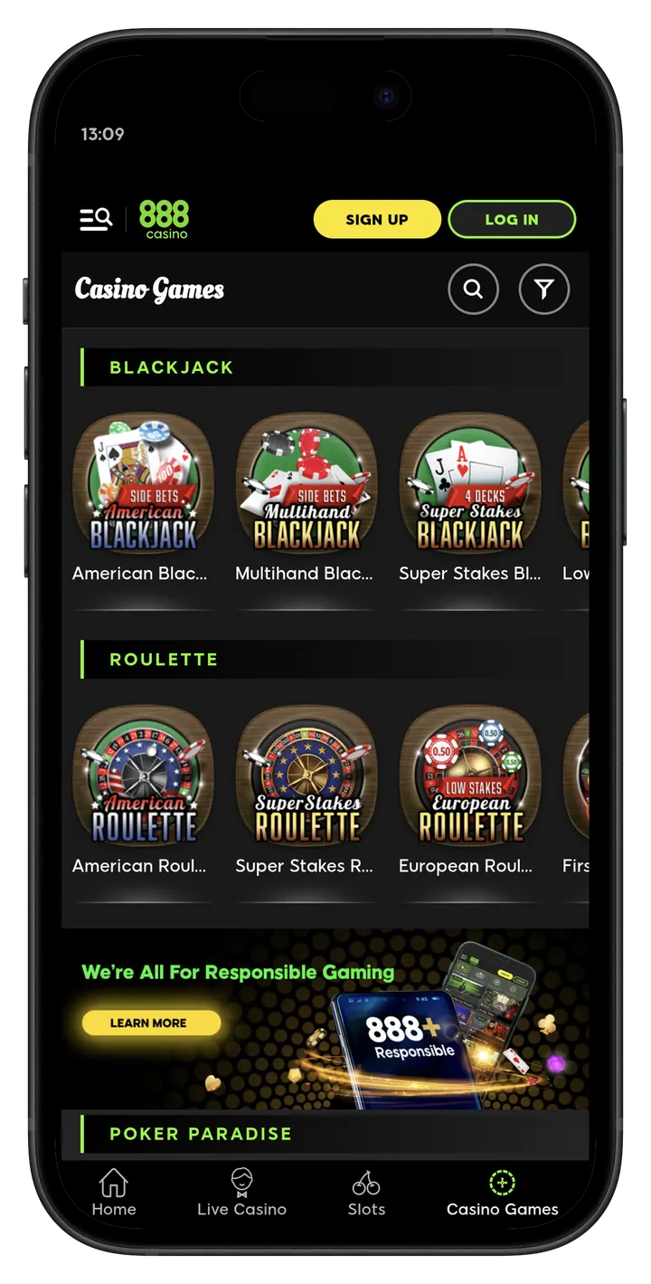 888 Casino mobile casino games screenshot showing blackjack and roulette categories