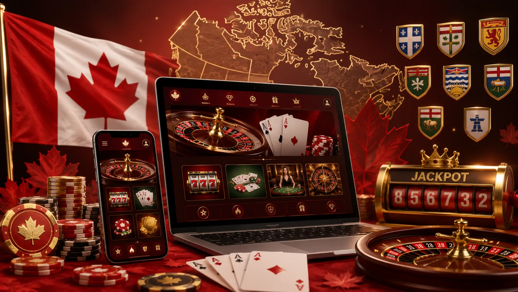 Canadian online casino illustration with maple leaf theme, laptop, mobile casino games and jackpot imagery