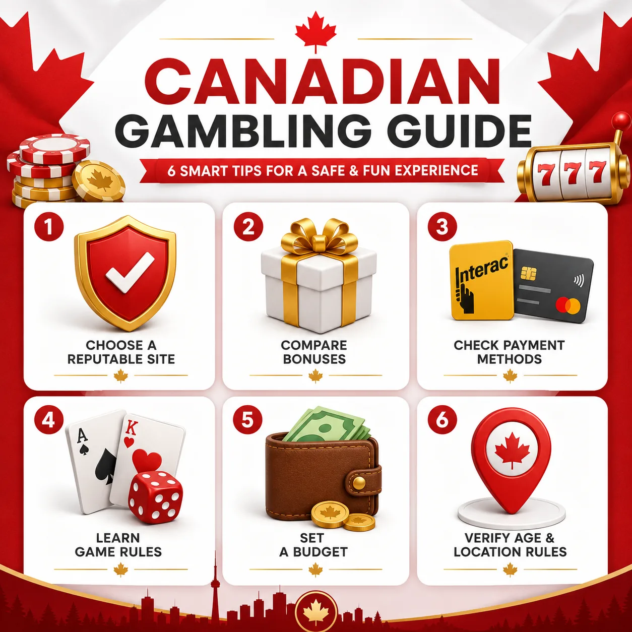 Infographic with six smart tips for Canadian gambling beginners