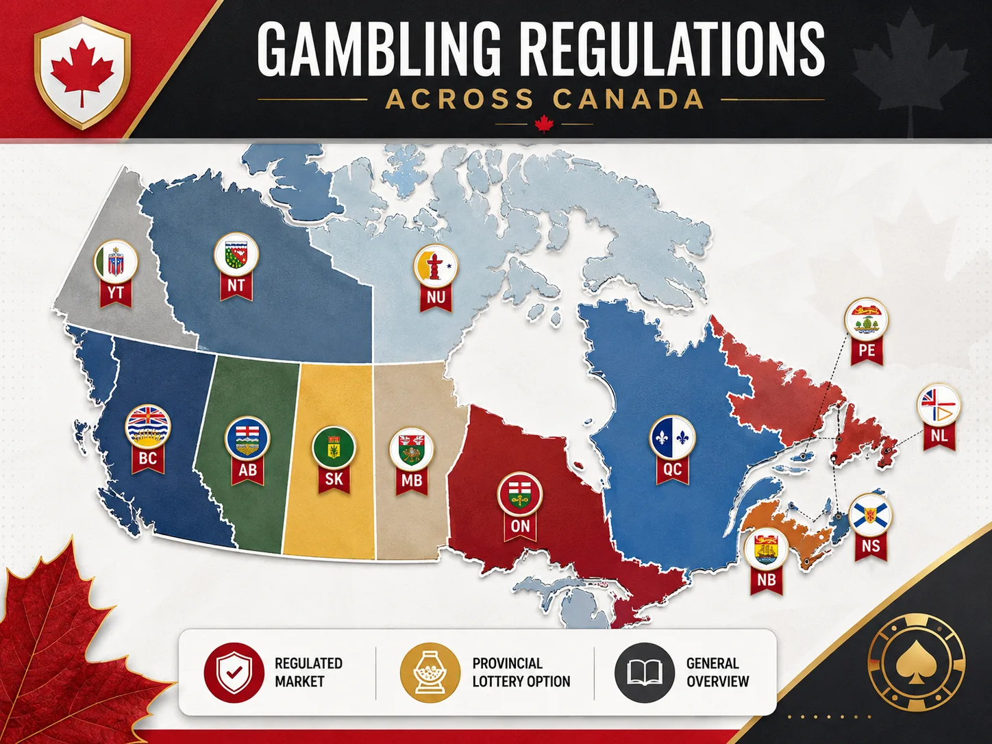 Map of Canada showing province and territory badges for a gambling regulations overview