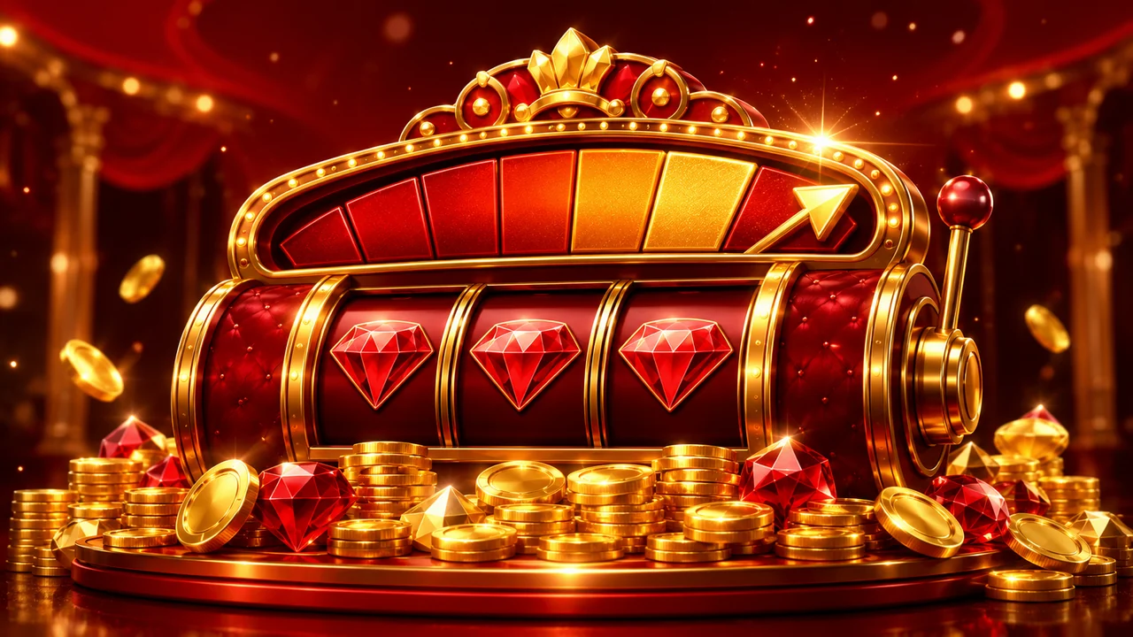 Original progressive jackpot slot machine with gold coins and red gems